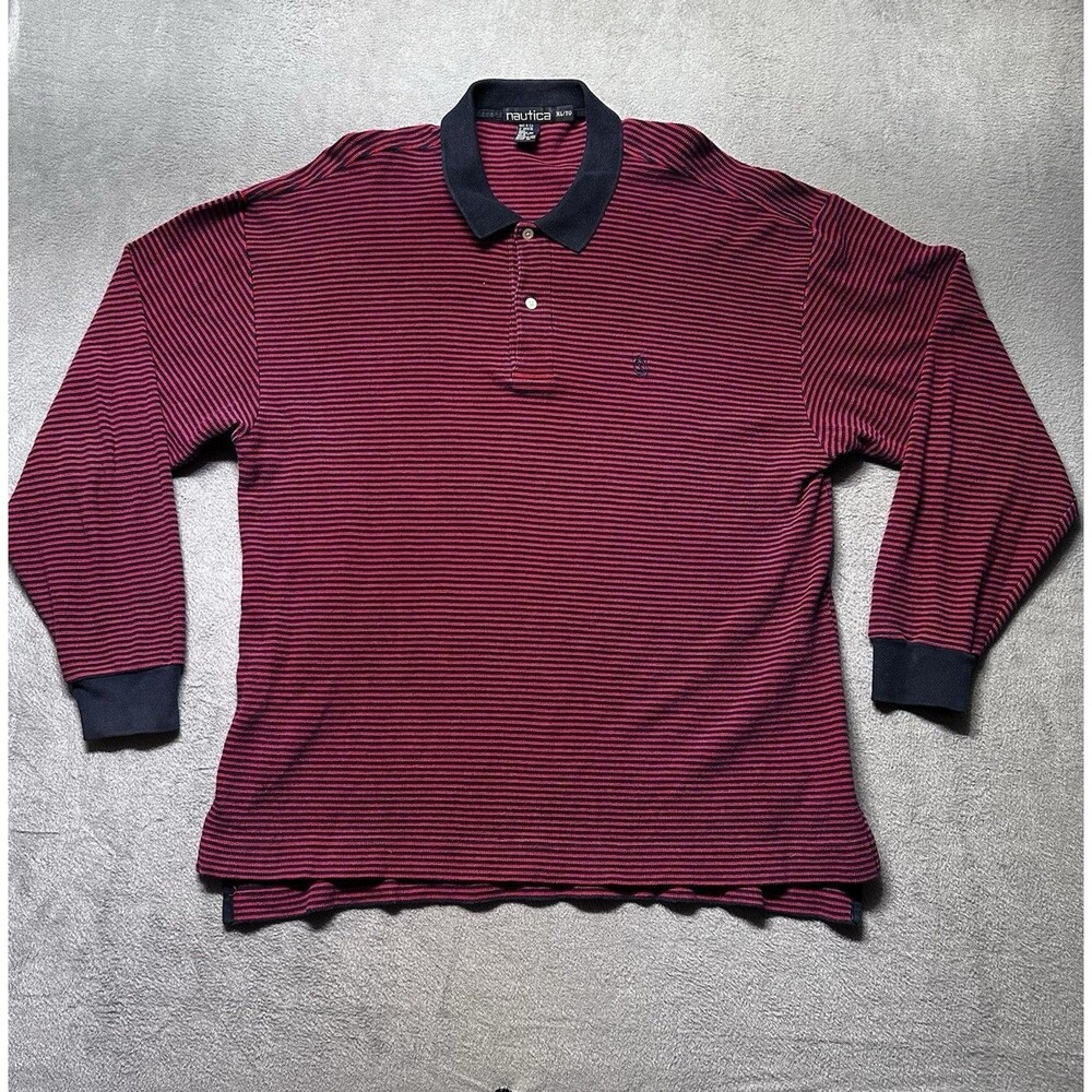 Nautica Vintage Mens Long Sleeve Polo Shirt XL Red Blue Striped Cotton Classic